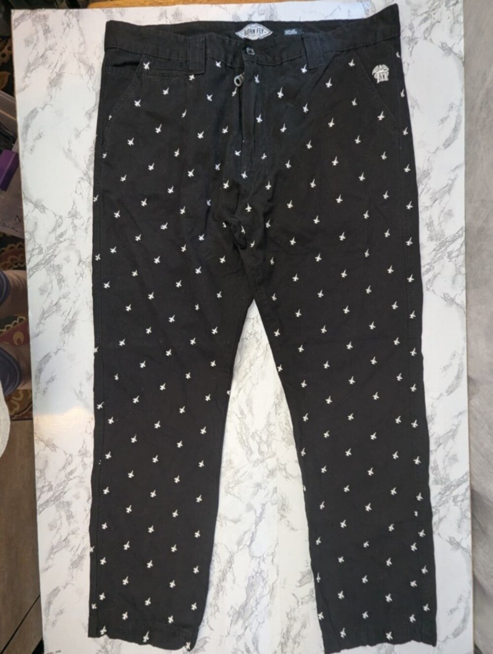 Born Fly Stay Fly "Anytown USA" All-Over Airplane Embroidered Pants Size 40